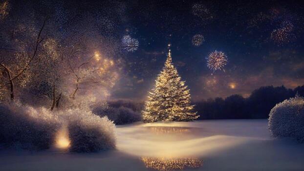 ai generado invierno paisaje con nieve cubierto arboles y fuegos artificiales. ilustración. foto