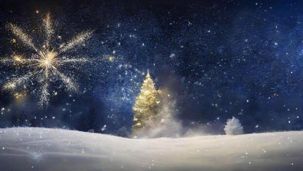 ai generado Navidad y nuevo año antecedentes con nieve, abeto árbol, fuegos artificiales y que cae copos de nieve foto