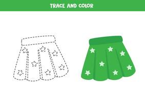 Trace and color cartoon green skirt. Worksheet for children. vector