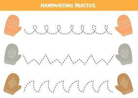 Tracing lines for kids. Cute colorful winter mittens. Handwriting practice. vector
