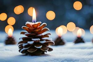 AI generated three red candles are lit in the snow photo