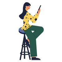 Character of a smiling girl sitting on a chair with a phone vector