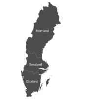 Sverige Karta. Karta av Sverige dividerat in i tre huvud regioner i grå Färg, Götaland, svealand och norrland png