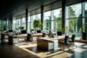 AI generated Defocused image of workplace in modern elegant office photo