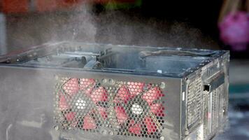 dust blowing of black atx persolnal computer case, closeup with slow motion video