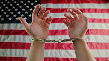kaukasisch Hände gefesselt im Silber Handschellen gegen das USA Flagge video