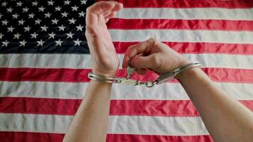 hands in handcuffs against the US flag unlocking handcuffs and putting them off video