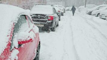 rij van geparkeerd auto's Bij daglicht sneeuwstorm detailopname in langzaam beweging video
