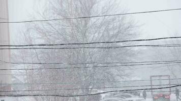 closeup view of horizontally stretched wires at dense winter blizzard at daytime video