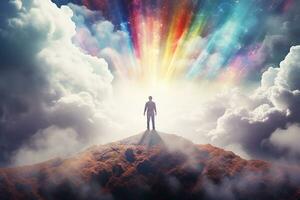 AI generated Person rising above negative thoughts, depicted as dark clouds, towards a sky filled with uplifting symbols like sunshine and rainbows photo