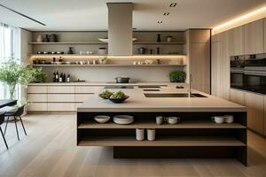 AI generated Kitchen with smooth surfaces and minimal open shelving, promoting a sleek and clutter-free environment photo