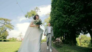 de cerca de el novia bailando mientras caminando en el parque. un caminar en el parque de alegre recién casados. video