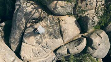 Boda Pareja en montaña rock desde zumbido. aéreo ver contento recién casados en amor abrazando en pie en parte superior de el montaña. video