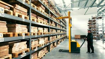 Warehouse for storage. The engineer uses a forklift to remove pallets with goods from the shelves. video