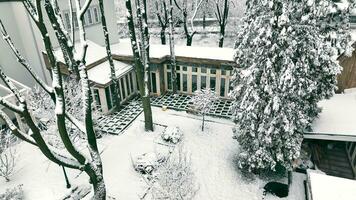 The area near the house and trees are covered with snow. Yard after snowfall. The first snow and the Winter's Tale. video