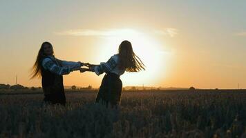 dos muchachas son bailando en un trigo campo a puesta de sol. dos muchachas en nacional vestir danza participación manos en un dorado trigo campo. video