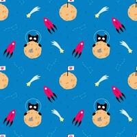 Seamless pattern for kids. Space theme with cute animals. Flat design vector illustration. Black cat, mouse, moon, spaceship, comet and stars make a cute cartoon scenery.