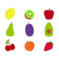 conjunto de frutas mano dibujado vector ilustración. manzana, limón, pera, cerezas, fresa, kiwi, ciruela y aguacate. sencillo plano diseño en brillante colores.
