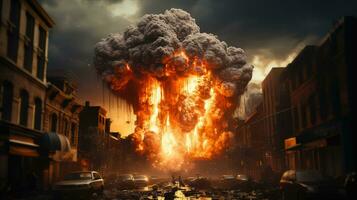 AI generated Bomb explosion in the city. Military and war concept. photo