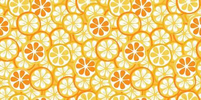 Seamless pattern with cut citrus fruits. Juicy abstract slices of lemon and orange. Vector graphics.