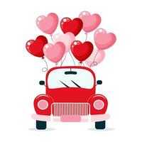 Cartoon car with balloons hearts. Background for Valentine's Day, holiday print, vector