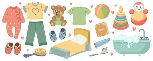 Children's routine. Baby clothes, toys, hygiene items and a crib for a babyshower. Cute collection in cartoon style, vector