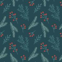 Christmas seamless pattern with Christmas tree branches and holly and rowan berries. New Year's design. Background, print, vector