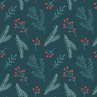 Christmas seamless pattern with Christmas tree branches and holly and rowan berries. New Year's design. Background, print, vector