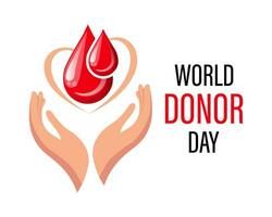 World Donor Day, heart and drops of blood in hands. Medicine concept. Banner, poster, vector