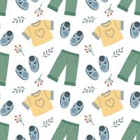 Seamless pattern of baby clothes and shoes. Cute background in cartoon style, print, vector