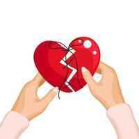 Hands holding red broken and sewn heart. Background for Valentine's Day, print, vector