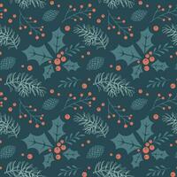 Christmas seamless pattern with Christmas tree branches and holly and rowan berries. New Year's design. Background, print, vector