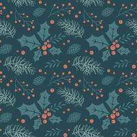 Christmas seamless pattern with Christmas tree branches and holly and rowan berries. New Year's design. Background, print, vector