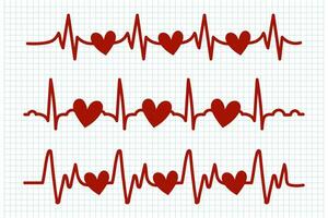 Heartbeat, icons set. Red heart beats on a checkered sheet. Cardiogram of the heart. Design elements, doodles, vector