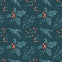 Christmas seamless pattern with Christmas tree branches and holly and rowan berries. New Year's design. Background, print, vector