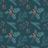 Christmas seamless pattern with Christmas tree branches and holly and rowan berries. New Year's design. Background, print, vector