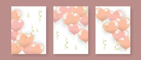 Set of luxury greeting posters with colorful heart balloons and golden serpentines. Birthday, wedding, valentine's day. Poster, banner, vector