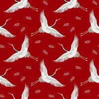 Seamless pattern, white flying cranes, storks on a red background. Abstract background, textile, wallpaper, vector