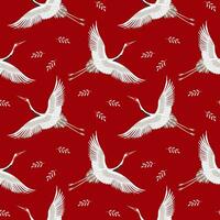 Seamless pattern, white flying cranes, storks on a red background. Abstract background, textile, wallpaper, vector