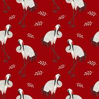 Seamless pattern, white flying cranes, storks on a red background. Abstract background, textile, wallpaper, vector