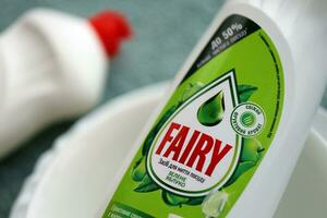 KYIV, UKRAINE - OCTOBER 31, 2023 Bottle of Fairy washing up Liquid produced by Procter and Gamble and sold in most parts of Europe photo