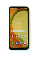 KYIV, UKRAINE - 4 MAY, 2023 Samsung Galaxy A04 Android smartphone has 6.5-inch PLS LCD panel with Infinity-V design photo
