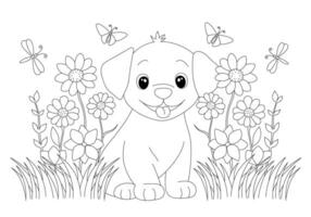 Coloring page with adorable puppy in grass and flowers. Hand drawn vector contoured black and white illustration.