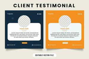 Client testimonials template design with dark blue and yellow color. Modern customer feedback and quote layout vector for business promotion. Customer feedback review or testimonial layout vector.