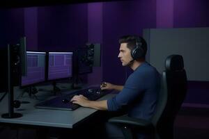 AI generated Producer, Audio Engineer Uses Control Desk for Recording New Album Track in Music Record Studio. Neural network AI generated photo