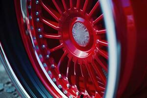 AI generated Closeup detail of Red Aluminum car wheel. Neural network AI generated photo