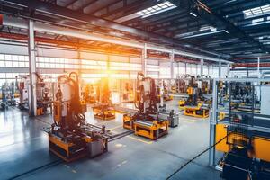 AI generated Industrial Robot Arm at Production Line at Modern Factory. Neural network AI generated photo