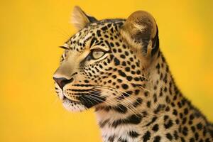 AI generated Leopard on a yellow background. Neural network AI generated photo