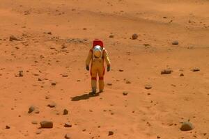 AI generated Courageous Astronaut in the Space Suit Explores Red Planet Mars Covered in Mist. Adventure. Space Travel. Neural network AI generated photo