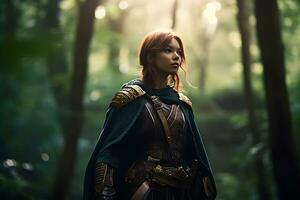 AI generated Medieval warrior girl in the forest. Neural network AI generated photo